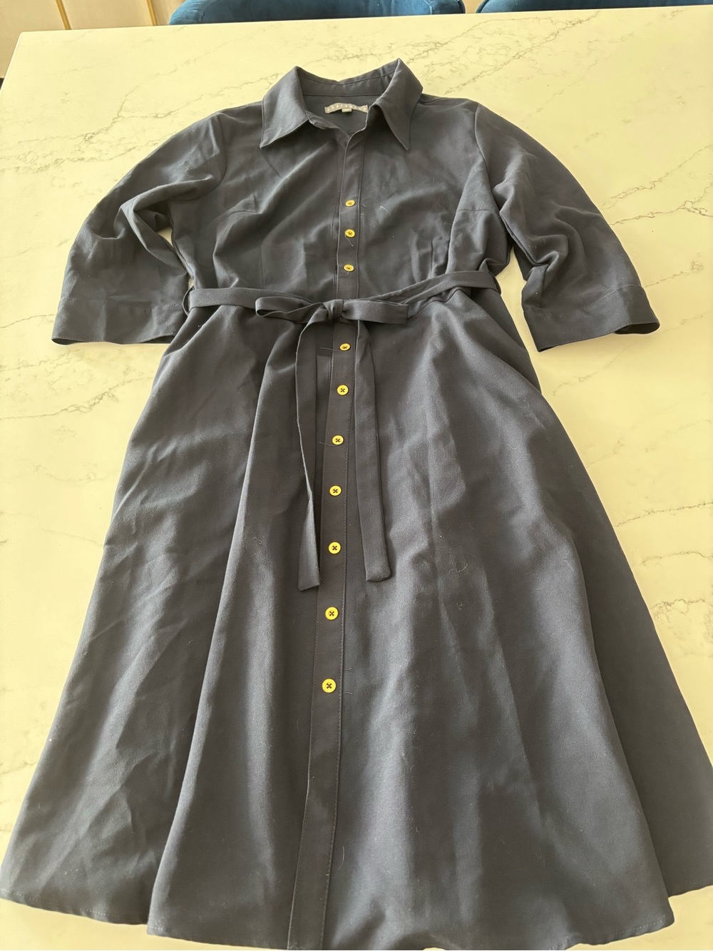 Sharagano Navy Button-Front Midi Dress with Tie Waist - Picture 2 of 7